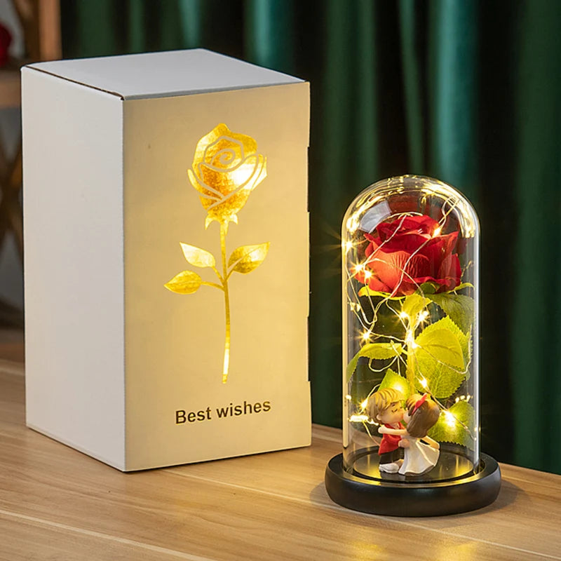 Artificial Rose Flowers Eternal Rose LED Light Foil Flower in Glass Cover Simulation Rose Flower Mothers Day Gifts Party Supply